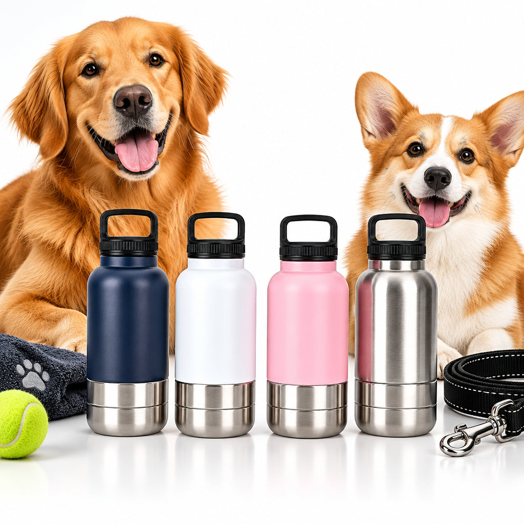 OKKPETS 32Oz 3 in 1 Stainless Steel Dog Water Bottle 1000ml Outdoor Travel Portable Pet Insulated Feeder Dog Bowl Food Bottle