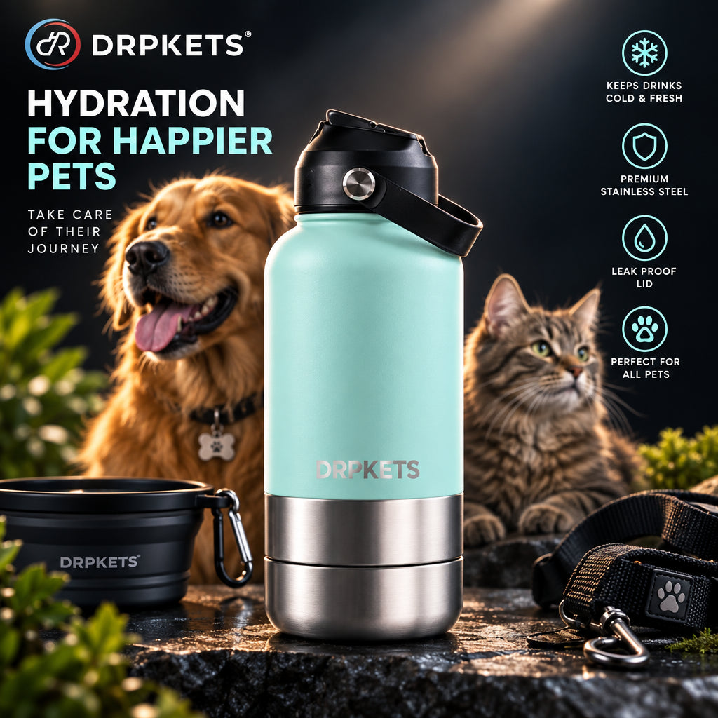 OKKPETS 32Oz 3 in 1 Stainless Steel Dog Water Bottle 1000ml Outdoor Travel Portable Pet Insulated Feeder Dog Bowl Food Bottle